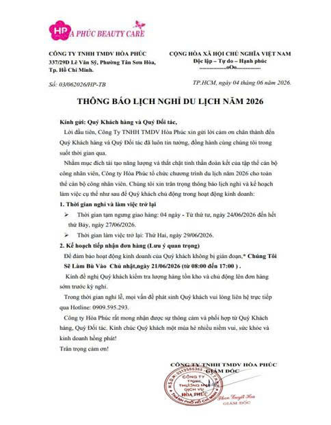 THÔNG BÁO LỊCH NGHỈ DU LỊCH NĂM 2026 